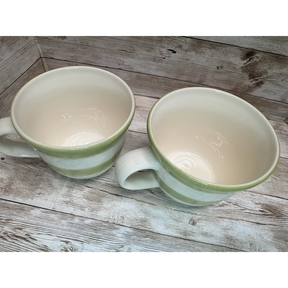 Crate & Barrel White Stripe Sage Green Mugs Set of 2 Barbara Eigen VTG Portugal
